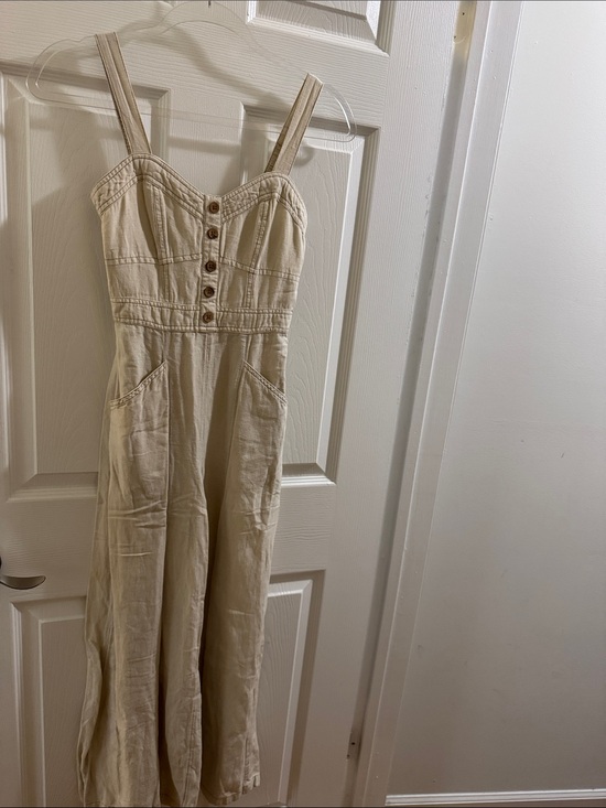 Japna Pants - Japna Beige Button-Front Linen Jumpsuit